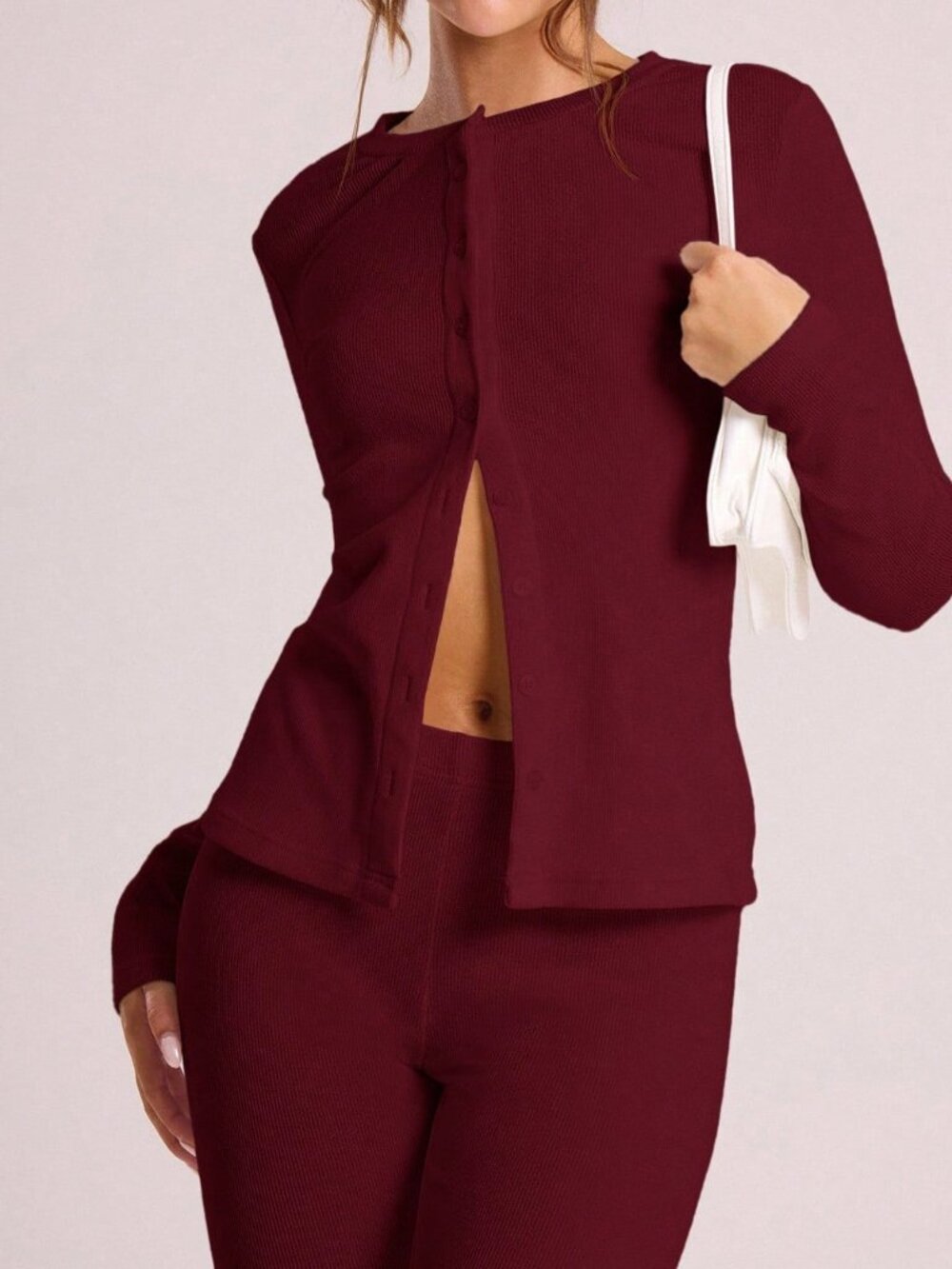 Burgundy Casual Women's Split Ribbed Button Front Long Sleeve Round Neck Top